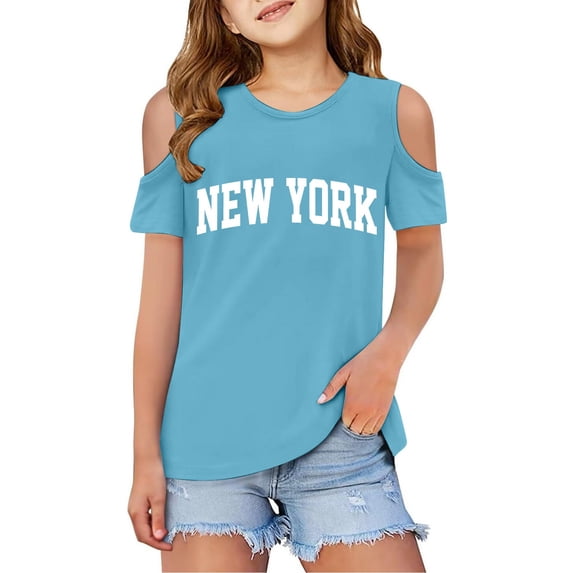 Kiijoy Big Girls Cold Shoulder Tshirt New York Printed Short Sleeve T Shirt, Sizes 3-12