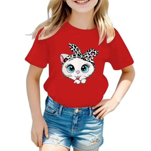 Kiijoy Big Girls Cute Cat Graphic T-Shirt Short Sleeve Cotton T Shirt, Sizes 7-8
