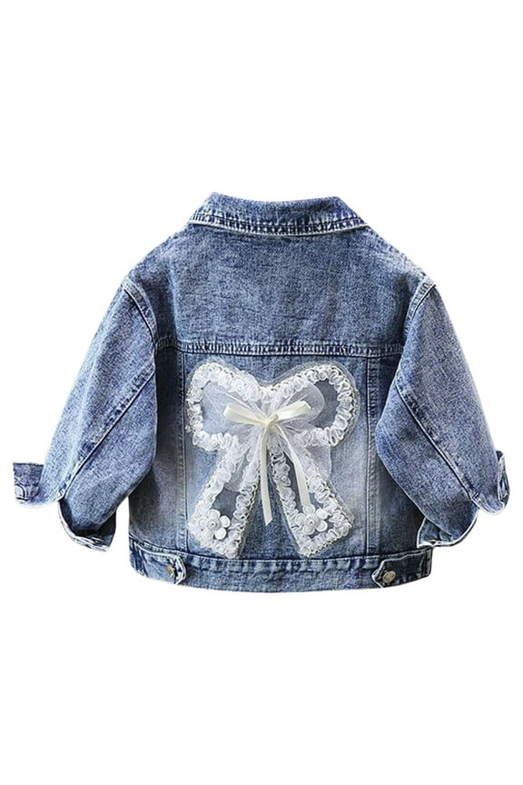Big Girls Denim Jacket Big Bow Embroidery Long Sleeve Button Coat, Sizes 7-8