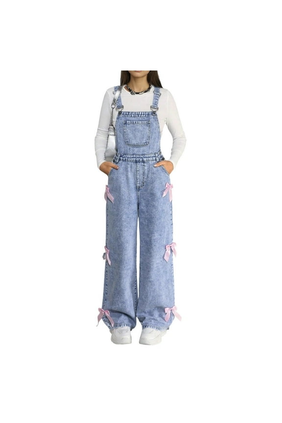Big Girls Denim Overalls Bow Wide Leg Jumpsuit Denim Dungarees, Sizes 8-9