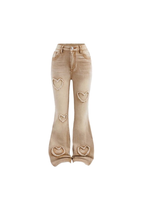 Big Girls Flared Jeans Hearts Patches Slim Fit Stretch Denim Pants, Sizes 9-10