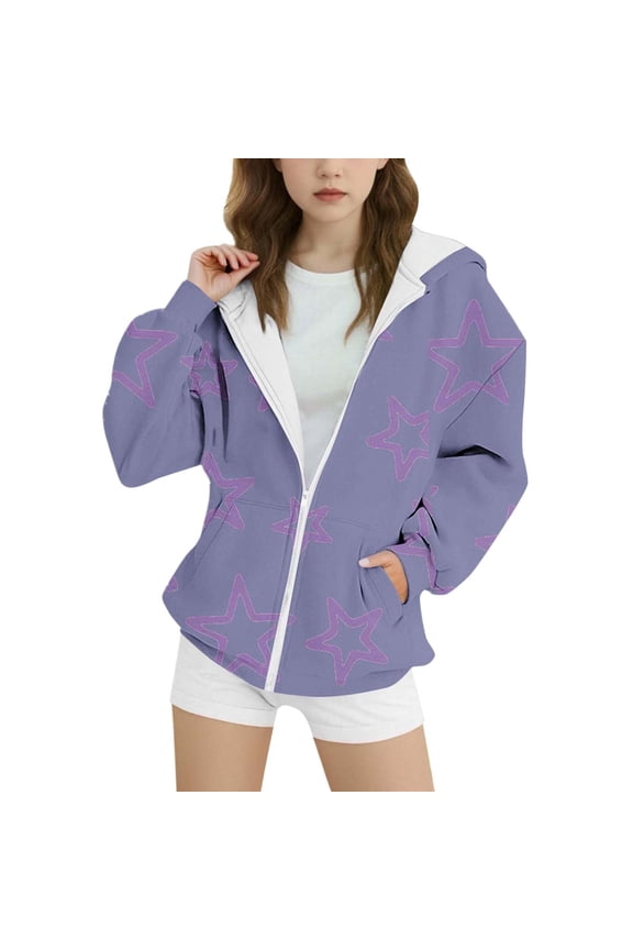 Big Girls Fleece Zip Up Hoodie Star Print Casual Active Hooded Sweatshirt Jacket