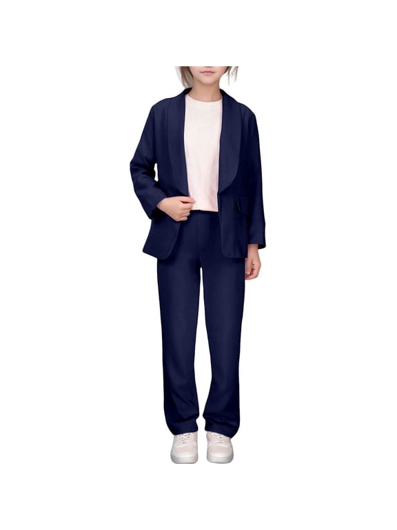 Big Girls Formal Suit Solid Lapel Open Front Suit Jacket Pants Suit, Sizes 9-10
