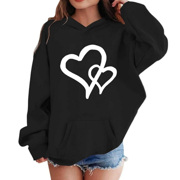 Kiijoy Big Girls Graphic Hoodie Heart Print Pullover Hooded Sweatshirt, Sizes 9-10