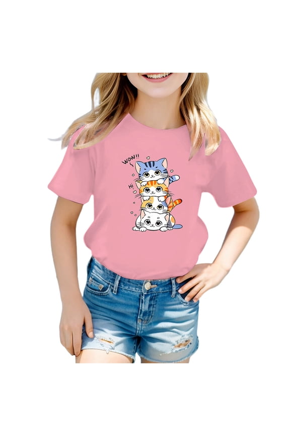 Big Girls Graphic Tee Cute Cat Print Short Sleeve T Shirt Cotton Casual T-Shirt