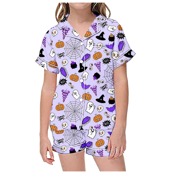 Kiijoy Big Girls Halloween Pajama Set Short Sleeve Button Down Top Shorts, Sizes 10-11