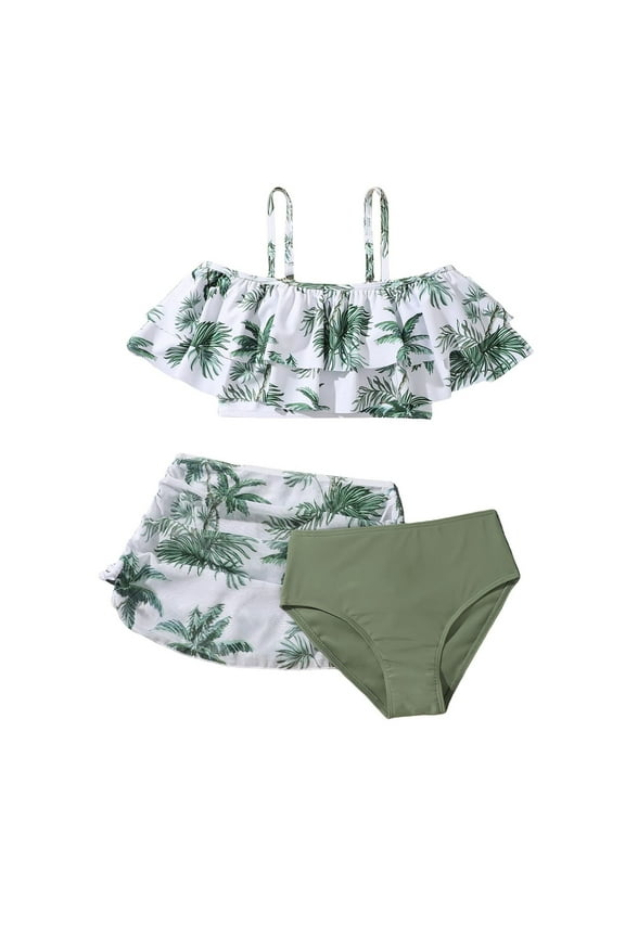 Big Girls Hawaii Beach Bikini Swimsuit Ruffle Tropical Print 3PCS Bathing Suit