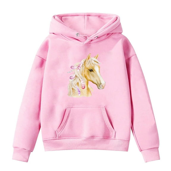 Kiijoy Big Girls Hooded Sweatshirt Horse Print Loose Lightfleece Hoodie Pullover Top