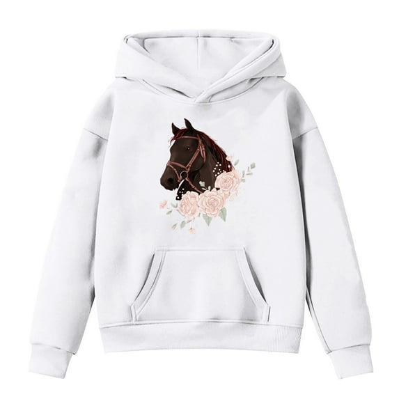 Kiijoy Big Girls Horse Print Hoodie Relaxed Fit Hooded Sweatshirt, Sizes 8-9