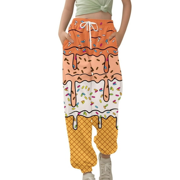 Kiijoy Big Girls Jogger Pants Ice-Cream High Waist Drawstring Sweatpants, Sizes 8-9