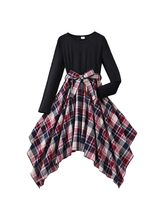 Big Girls Long Sleeve Plaid Patchwork Dress with Belt Irregular Hem Party Dress