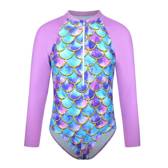 Kiijoy Big Girls Long Sleeve Scale Print One-Piece Swimsuit Swimwear, Sizes 7-13