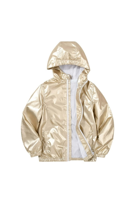 Big Girls Metallic Windbreaker Waterproof Zip Up Hooded Jacket, Sizes 7-8