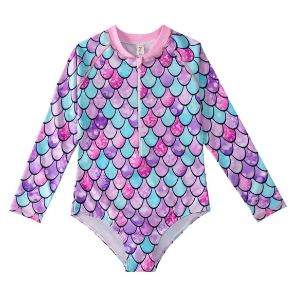 Kiijoy Big Girls One-Piece Swimsuit Long Sleeve Zip-Up Rash Guard, Sizes 7-8 T