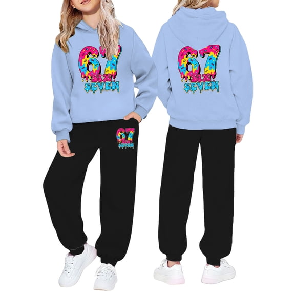 Kiijoy Big Girls Outfits 67 Ice Cream Print Pullover Hoodie Sweatpants Set, Sizes 7-8