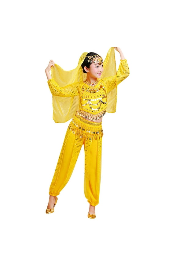 Big Girls Outfits Belly Dance Mesh Shirt Pants Veil Set Dancewear, Sizes 7-8