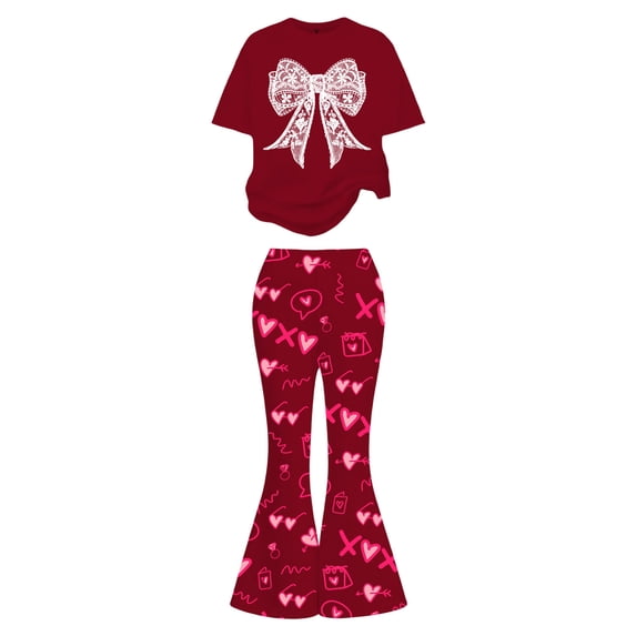 Kiijoy Big Girls Outfits Bow Print Short Sleeve T-Shirt Flared Pants Set, Sizes 9-10