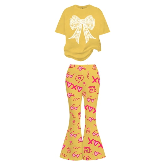 Kiijoy Big Girls Outfits Bow Print Short Sleeve T-Shirt Flared Pants Set, Sizes 9-10