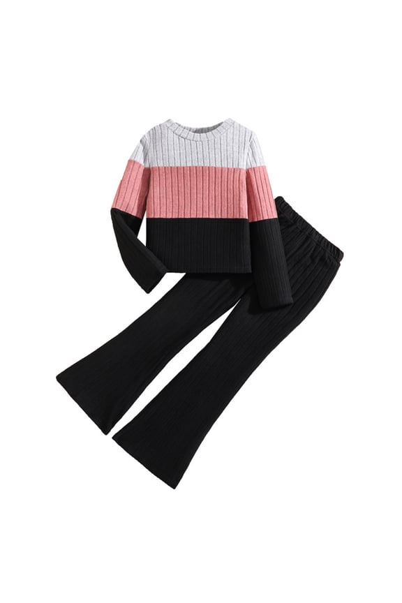 Big Girls Outfits Color Block Ribbed Sweater with Flared Pants Set, Sizes 8-9