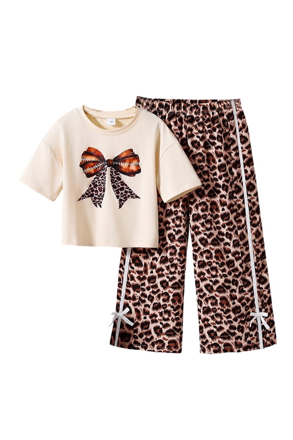 Big Girls Outfits Leopard Bow Print Short Sleeve T-Shirt Pants Set, Sizes 12-13