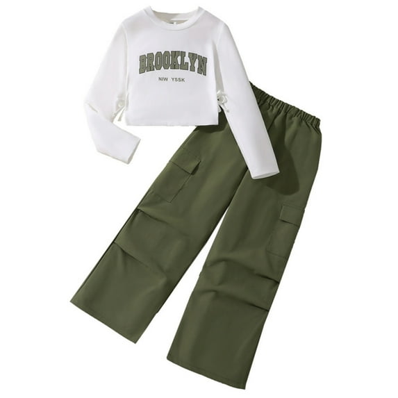 Kiijoy Big Girls Outfits Letter Print Long Sleeve T Shirt Cargo Pants Set, Sizes 8-9
