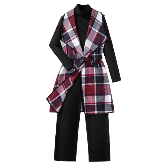 Kiijoy Big Girls Outfits Long Sleeve Pullover Plaid Vest Pants 3Pcs Set, Sizes 12-13