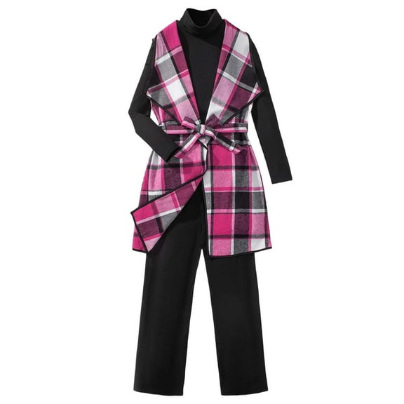 Kiijoy Big Girls Outfits Long Sleeve Pullover Plaid Vest Pants 3Pcs Set, Sizes 12-13