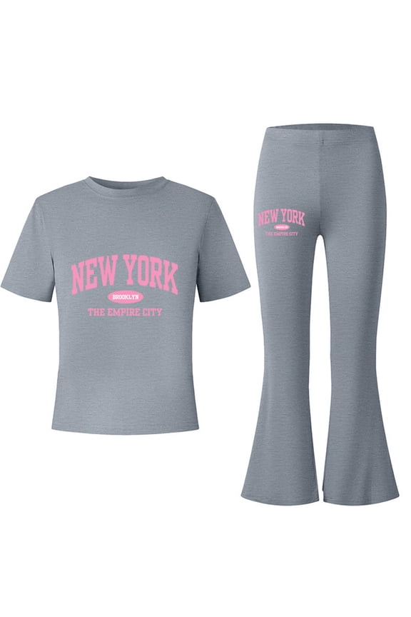 Big Girls Outfits New York Print Short Sleeve T Shirt Flared Pants Set, Sizes 10-11