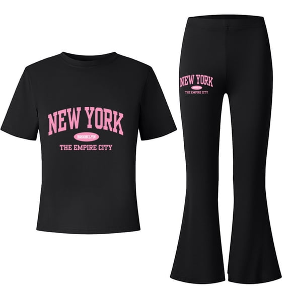 Kiijoy Big Girls Outfits New York Print Short Sleeve T Shirt Flared Pants Set, Sizes 9-10