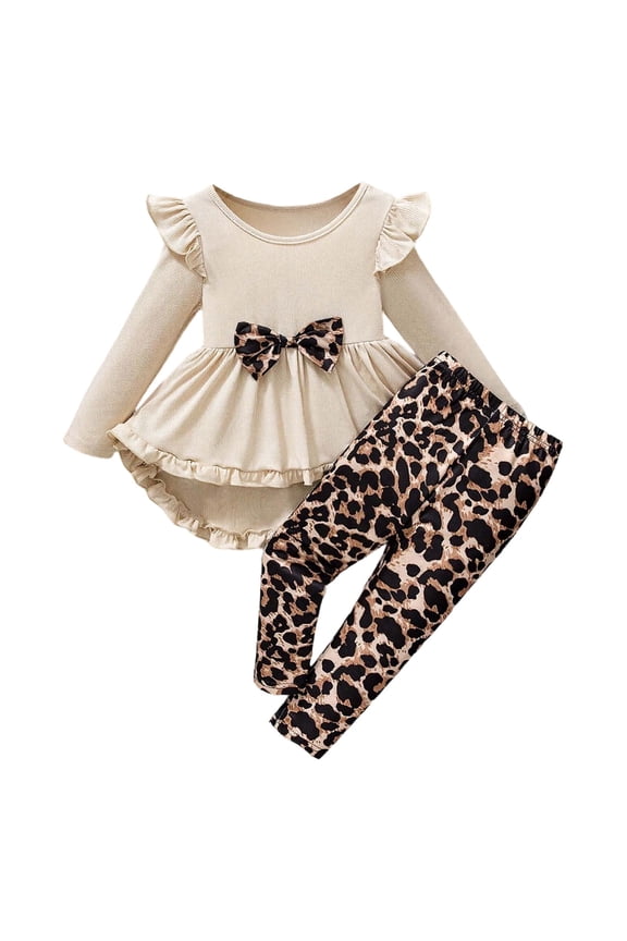 Big Girls Outfits Ruffle Long Sleeve High Low Dress Leopard Pants Set, Sizes 7-8