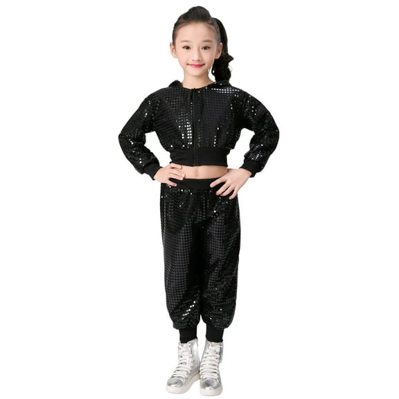 Kiijoy Big Girls Outfits Sequin Glitter Dance Jacket and Pants Party Set, Sizes 8-9