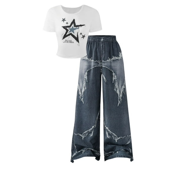Kiijoy Big Girls Outfits Short Sleeve Graphic Tee Wide Leg Ripped Jeans Set, Sizes 9-10
