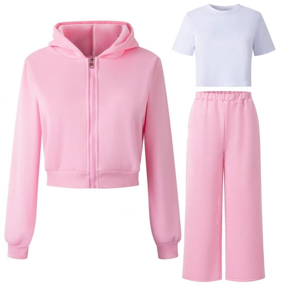 Kiijoy Big Girls Outfits Solid Unisex Zip Up Hoodie Sweatpants Tracksuit, Sizes 9-10