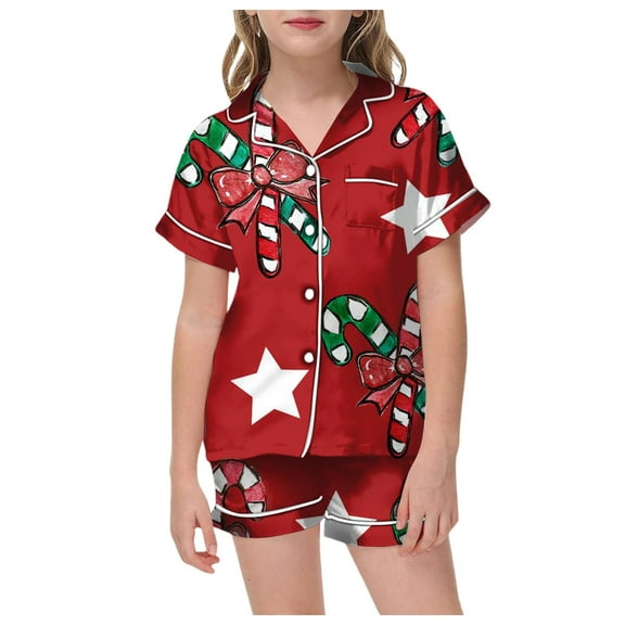 Kiijoy Big Girls Pajamas Christmas Button Down Shirt Shorts Sleepwear Pjs, Sizes 10-11