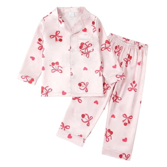 Kiijoy Big Girls Pajamas Silk Satin Hearts Print Long Sleeve Button Shirt Pants PJs, Sizes 7-8