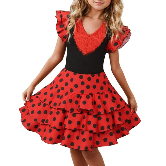 Kiijoy Big Girls Polka Dots Layered Dance Dress Tassels V Neck Flutter Sleeve Dress