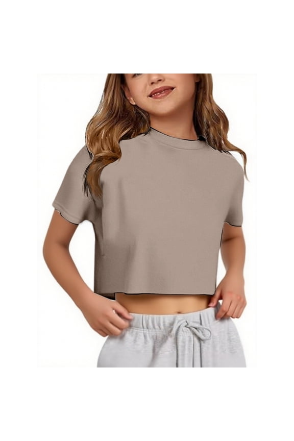 Big Girls Short Sleeve Crop Top Solid Casual T-Shirt Active Tee, Sizes 7-8