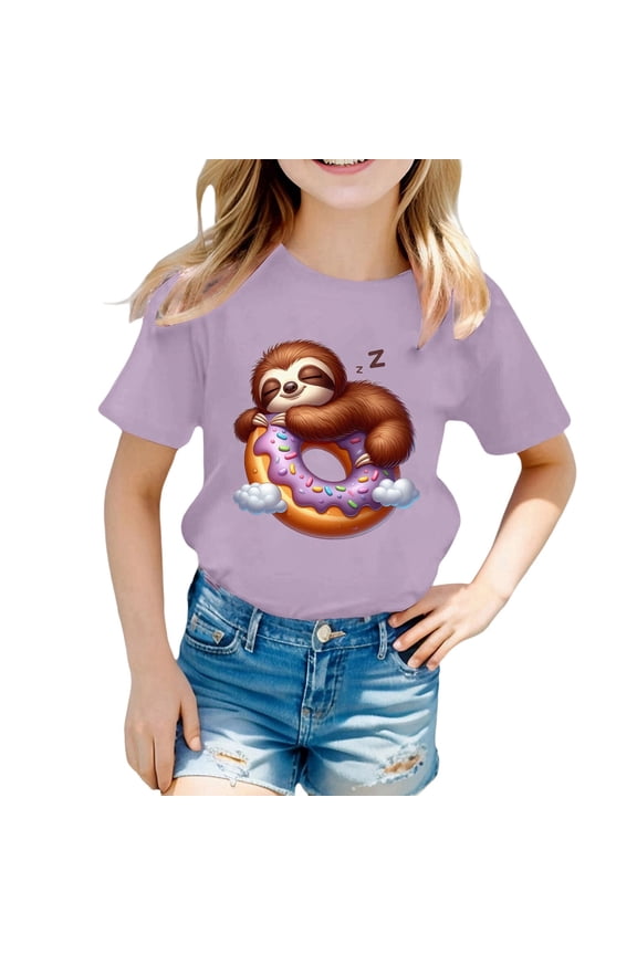 Big Girls Short Sleeve T Shirt Cartoon Sloth Print Soft T-Shirt, Sizes 10-11