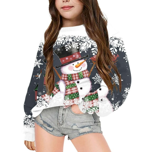 Kiijoy Big Girls Snowman Hoodie Christmas Cozy Loose Hooded Sweatshirt Pullover Top