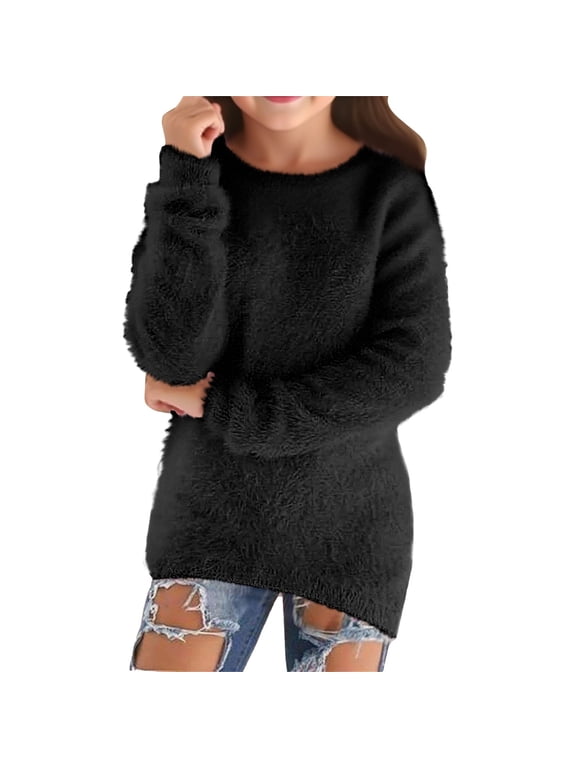 Tween Girls Sweater Solid Soft Loose Crew Neck Pullover Top, Sizes 11-12