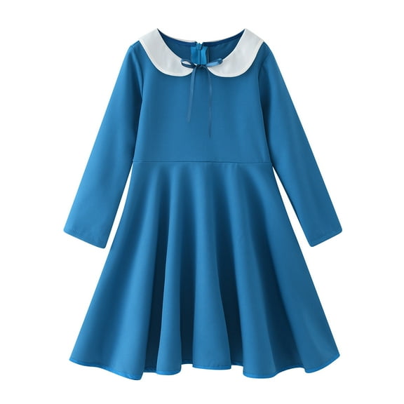 Kiijoy Big Girls Solid Long Sleeve Midi Dress Preppy Style Knee-Length Polo Dress