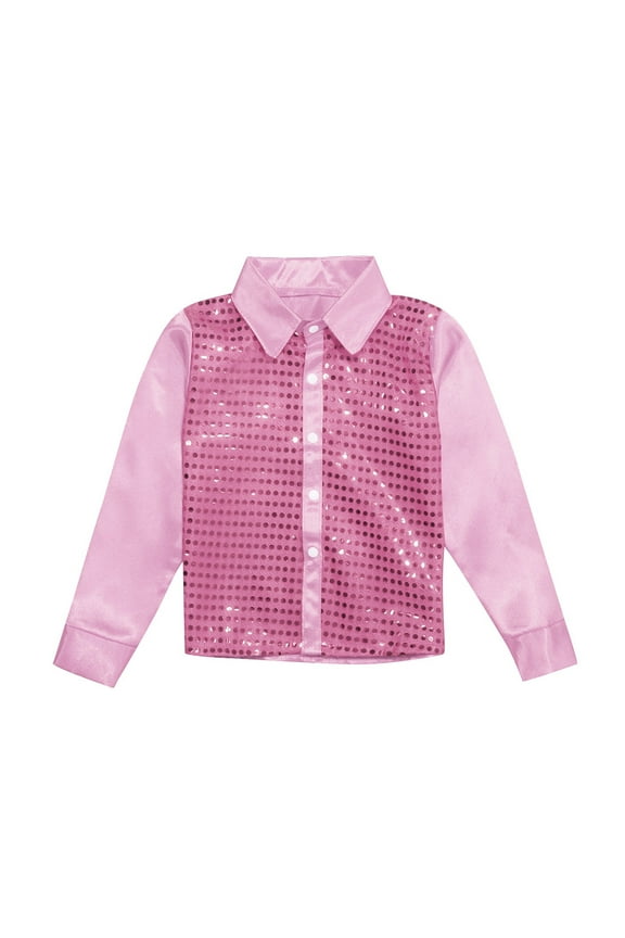 Big Girls Sparkly Sequins Long Sleeve Shirt Dance Button Down Shirt, Sizes 7-8