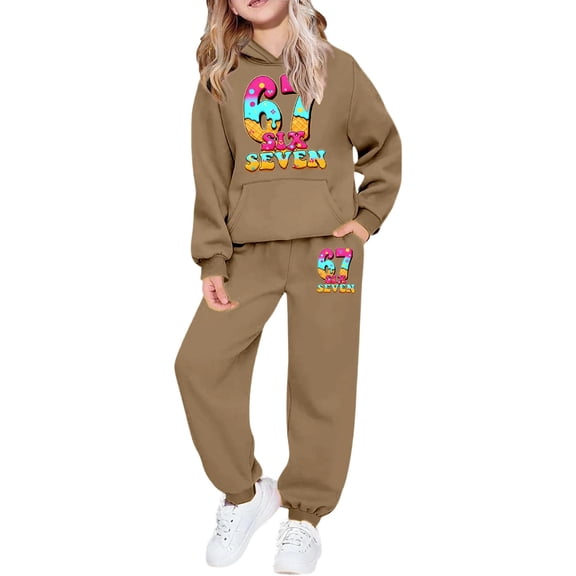 Kiijoy Big Girls Sports Outfits 6 7 Graphic Hoodie Sweatpants Set, Sizes 9-10