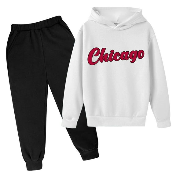 Kiijoy Big Girls Sports Outfits Chicago Printed Hoodie Jogger Pants Set, Sizes 9-10