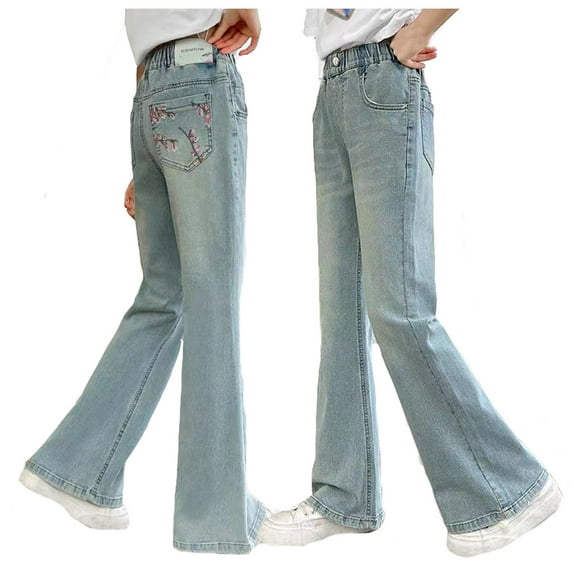 Kiijoy Big Girls Straight Leg Jeans Relaxed Fit Elastic Waist Denim Pants, Sizes 10-11