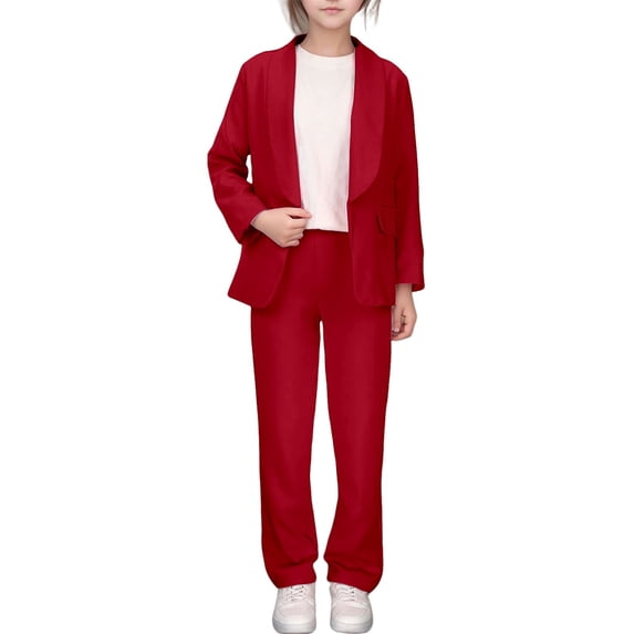 Kiijoy Big Girls Suit Solid Color Lapel Open Front Blazer Pants Suit Outfits, Sizes 7-8