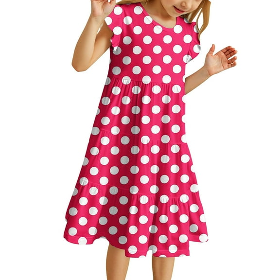 Kiijoy Big Girls Summer Polka Dots Short Sleeve Dress Relaxed Fit Casual A-Line Dress