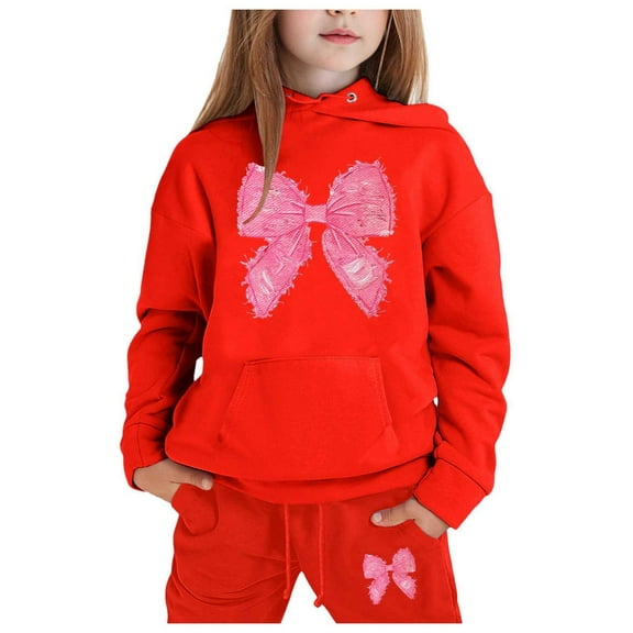 Kiijoy Big Girls Sweatsuit Bow Graphic Hooded Sweatshirt Joggers Outfits Hoodie Set