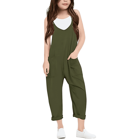 Kiijoy Big Girls V Neck Sleeveless Romper Relaxed Fit Casual Overalls Strap Jumpsuit
