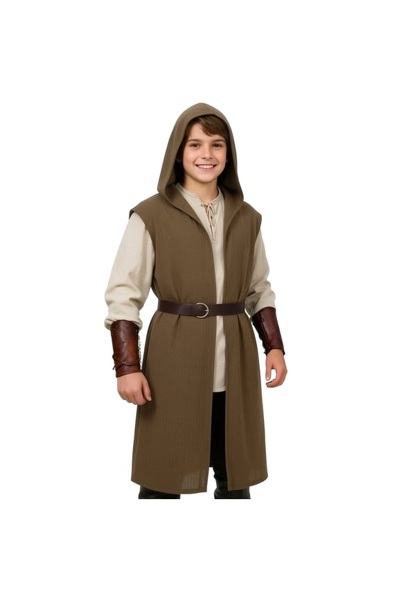 Boy Halloween Hooded Surcoat Tabard Sleeveless Tunic Top, Brown, 7-8 Years